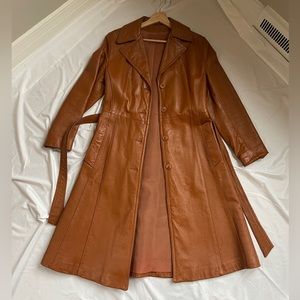 burnt orange leather trench coat